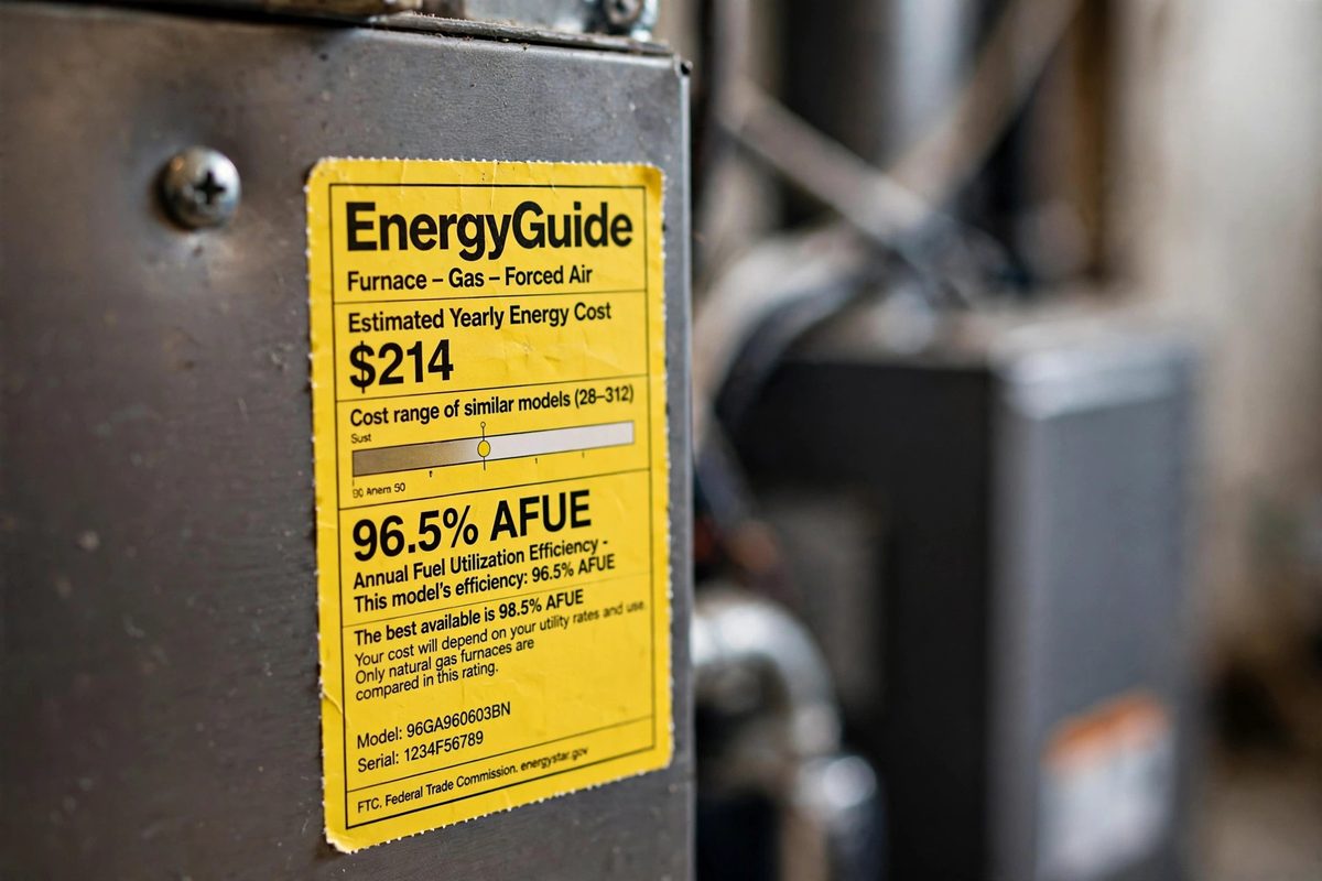 AFUE efficiency rating label on a furnace
