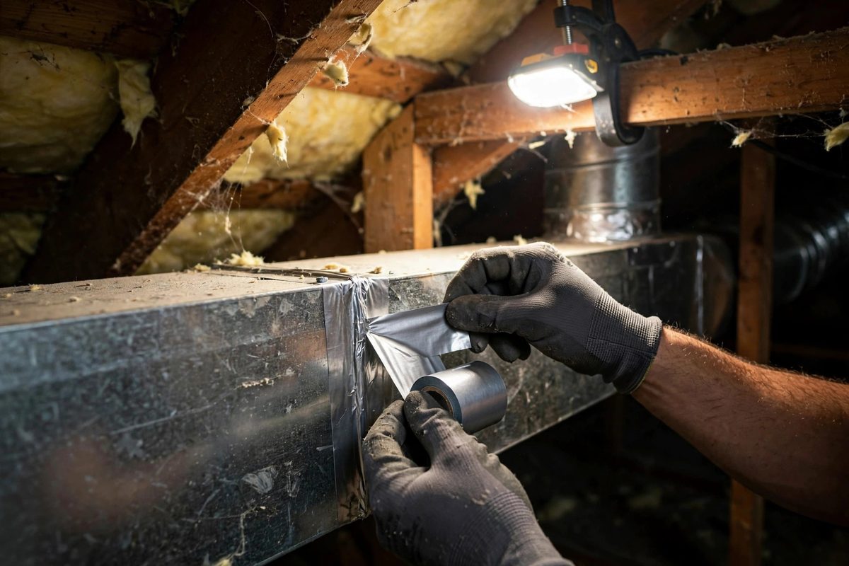 Technician sealing exposed air ducts