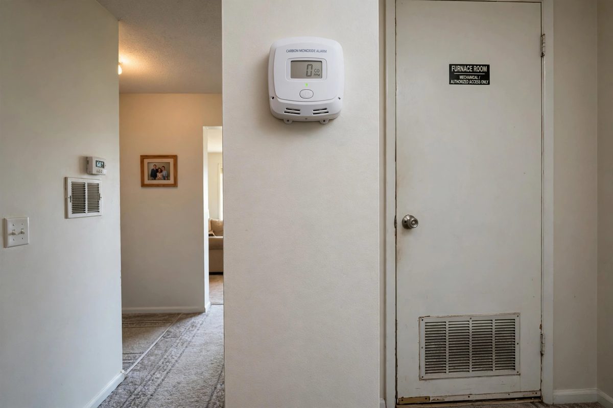 Carbon monoxide detector mounted near a furnace
