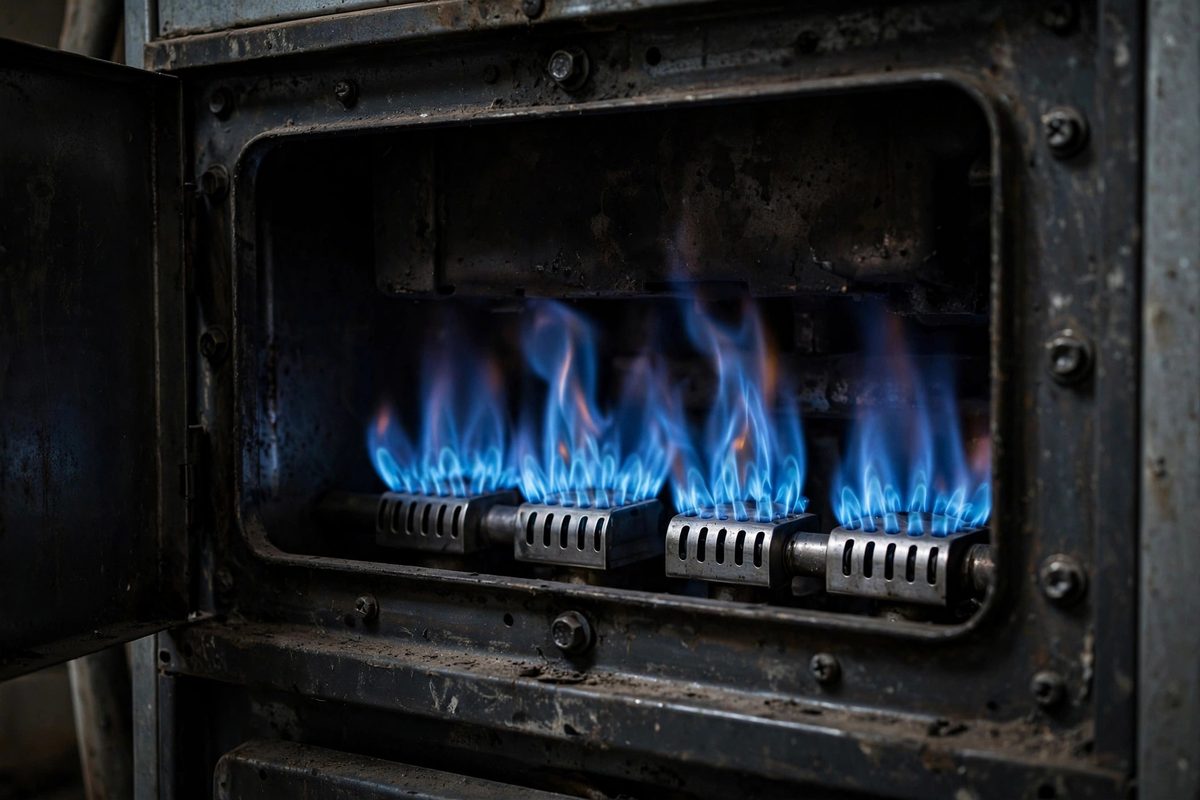 Blue burner flames inside a gas furnace