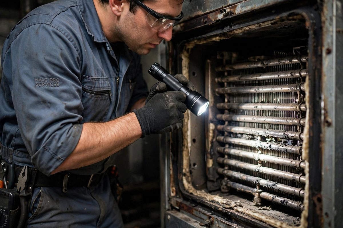 Technician inspecting a furnace heat exchanger