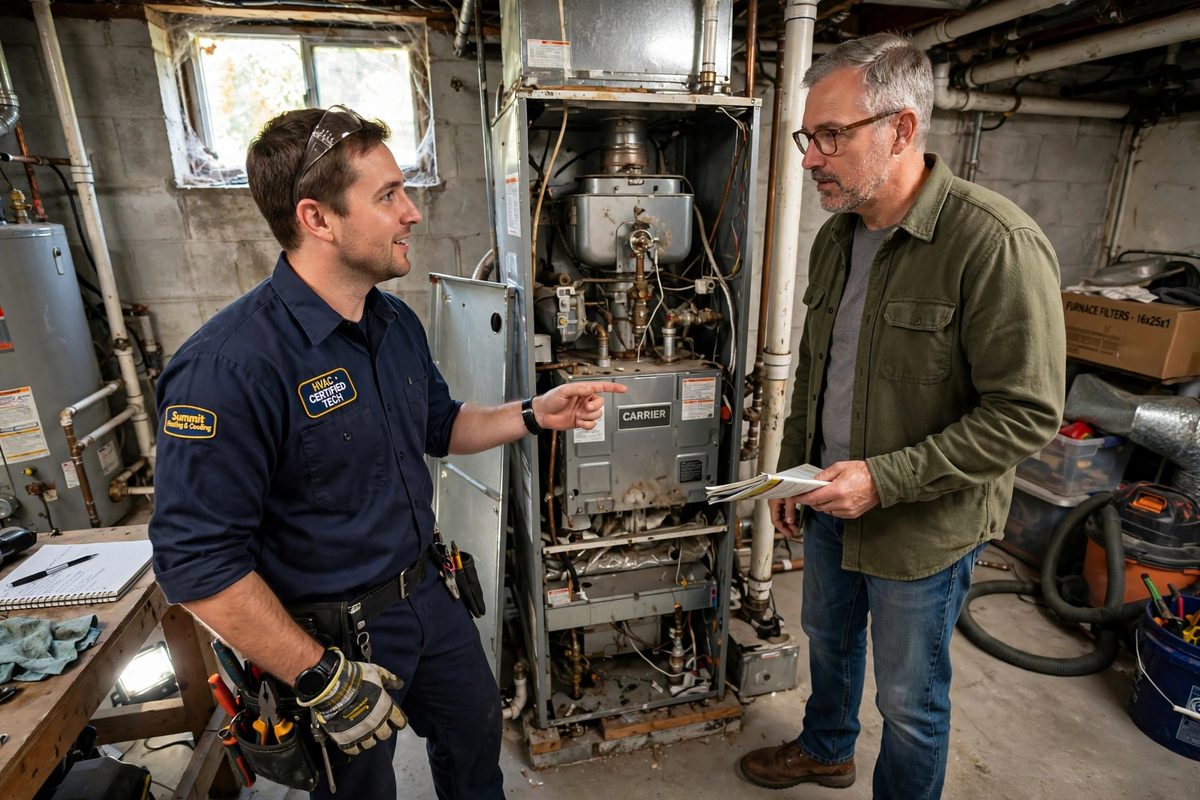 Technician discussing furnace options with a homeowner