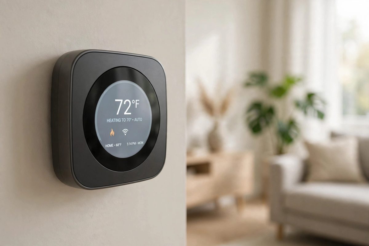 Smart thermostat installed on a living room wall