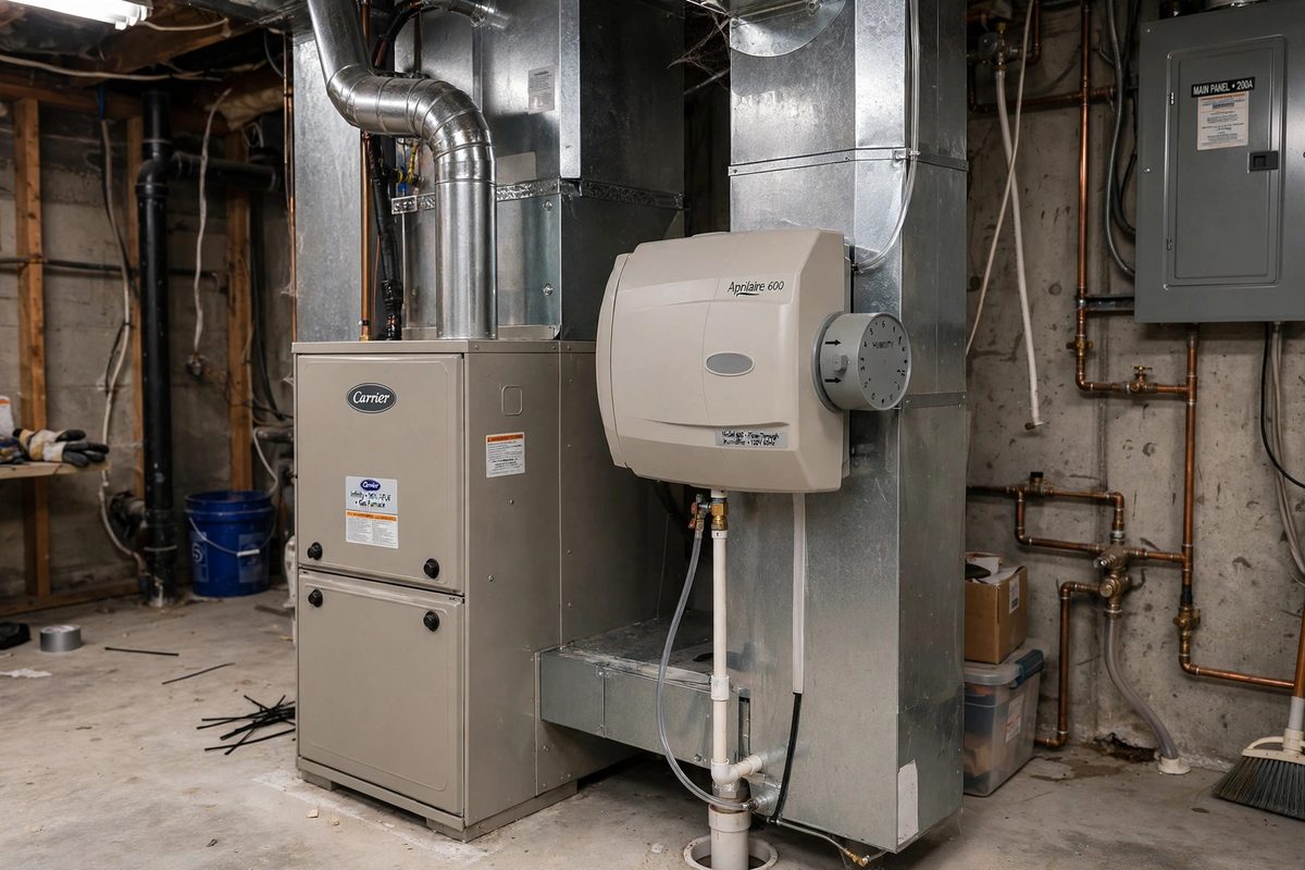 Whole-home humidifier mounted on furnace ductwork